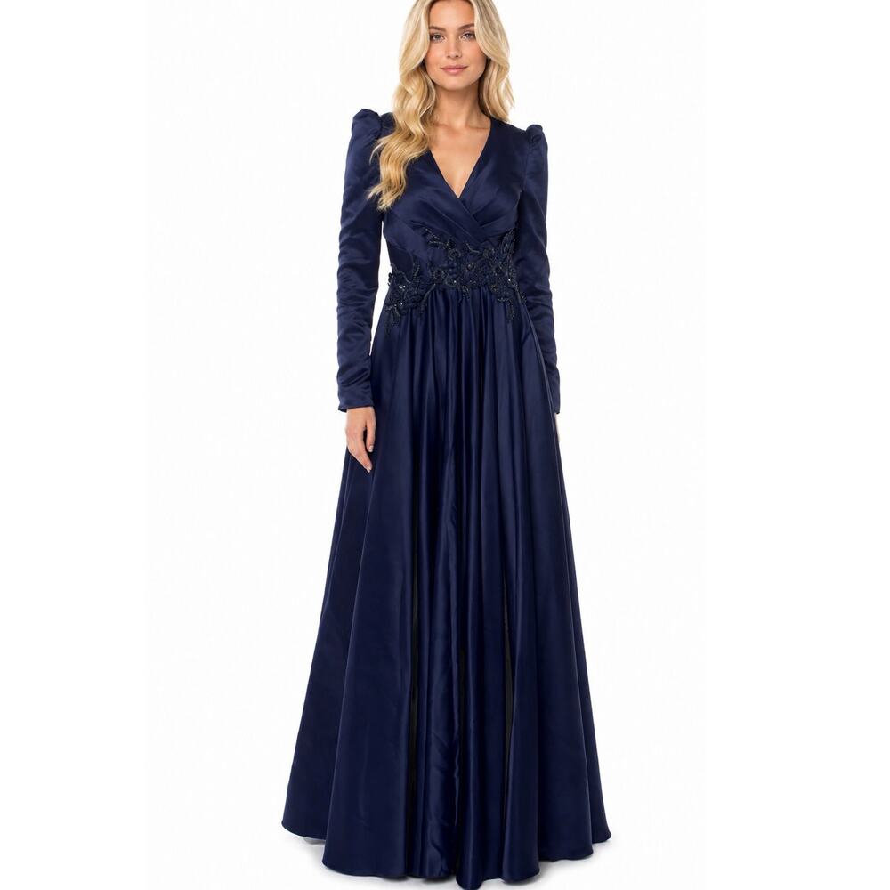 NEW MAC DUGGAL (Read) 2 Dark Navy Satin Beaded Long Sleeve Formal Evening Gown